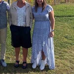 Blue and white off the shoulder ruffle maxi dress